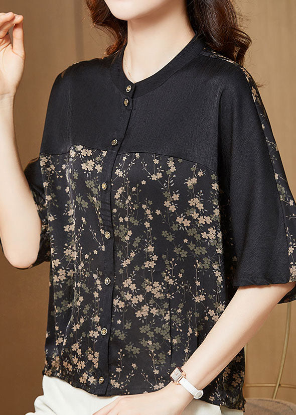 O-neck small floral print patchwork silk T-shirt for summer