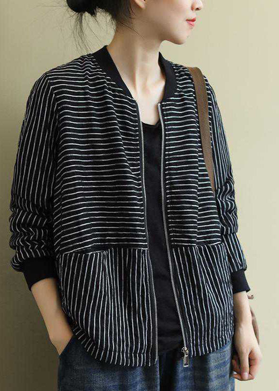 Street Black Zippered Pockets Striped Fall Coat Long Sleeve