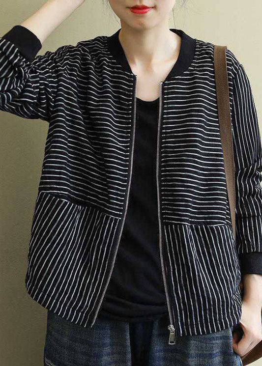 Street Black Zippered Pockets Striped Fall Coat Long Sleeve