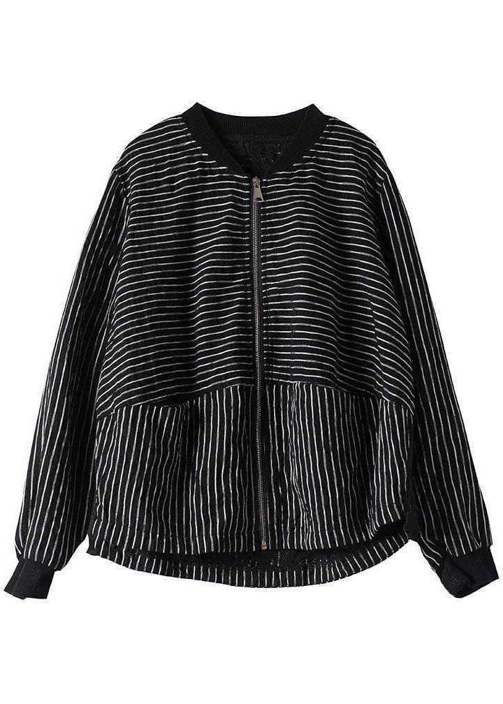 Street Black Zippered Pockets Striped Fall Coat Long Sleeve