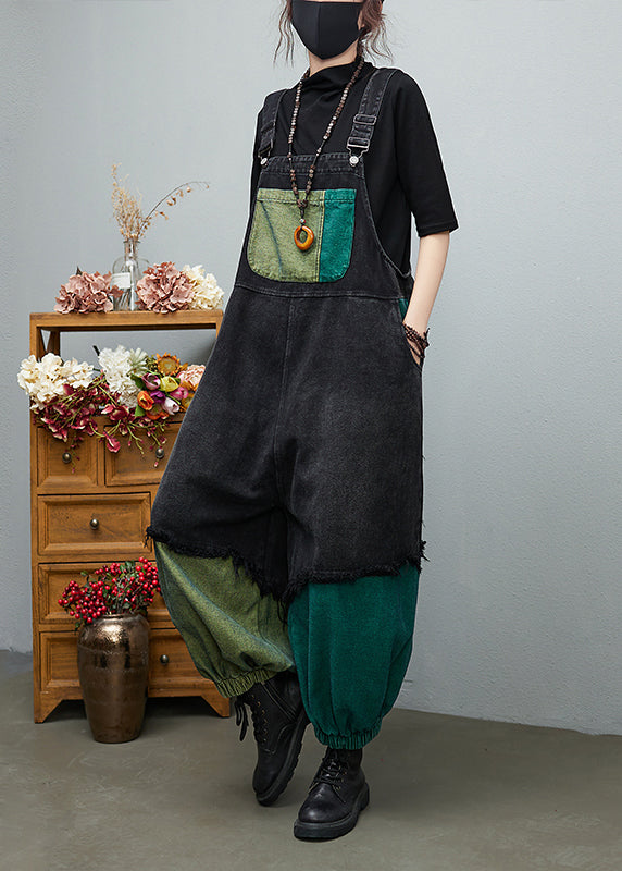 Black Asymmetric Pocket Cotton Streetwear denim Jumpsuit Spring