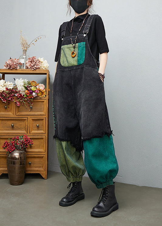 Black Asymmetric Pocket Cotton Streetwear denim Jumpsuit Spring