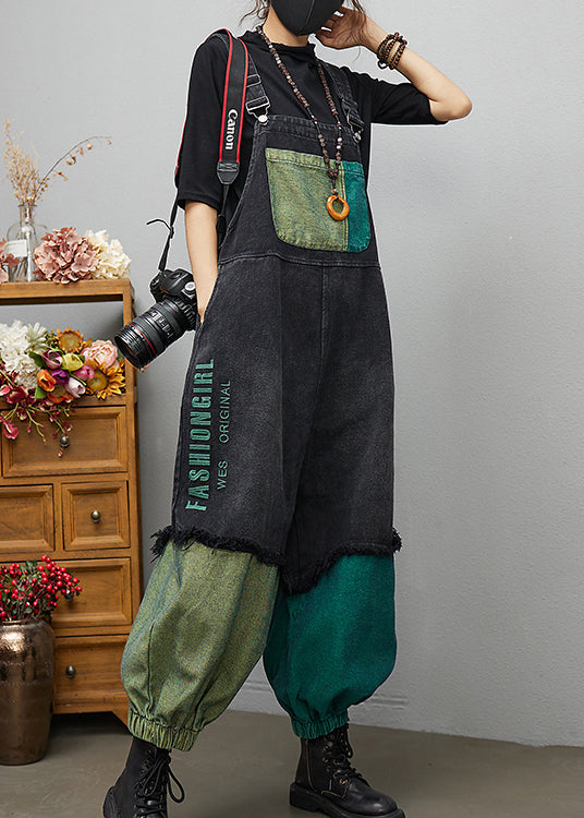 Black Asymmetric Pocket Cotton Streetwear denim Jumpsuit Spring