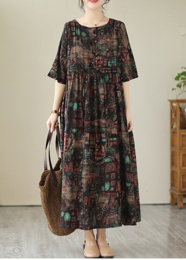 Summer Black Cinched Print Linen Maxi Dress