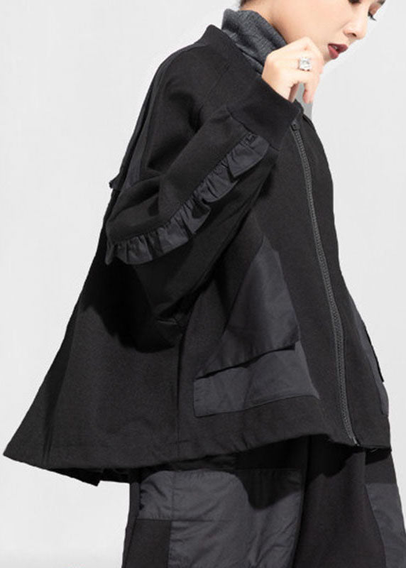 Style Zip Pocket Patchwork Fall Black Coat Long Sleeves