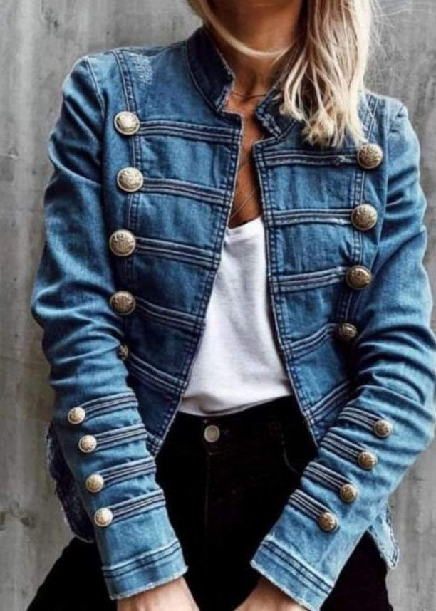 Style Blue Double Breasted Patchwork Slim Denim Coat Spring