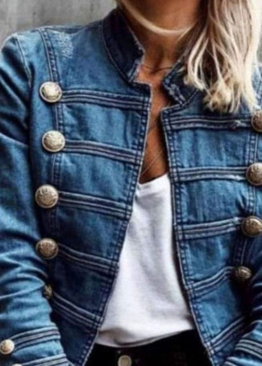 Style Blue Double Breasted Patchwork Slim Denim Coat Spring