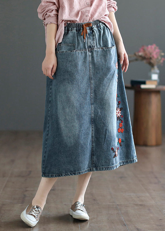 Summer Style Blue Embroidered Patchwork Elastic Waist Denim A-line Skirt