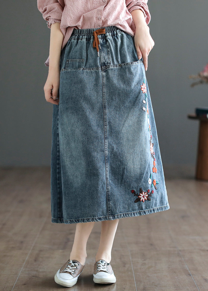 Summer Style Blue Embroidered Patchwork Elastic Waist Denim A-line Skirt