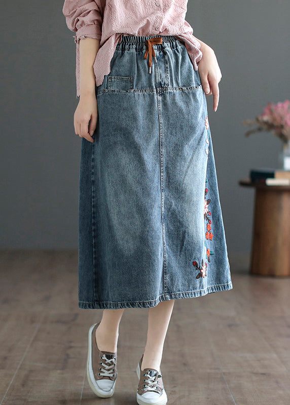 Summer Style Blue Embroidered Patchwork Elastic Waist Denim A-line Skirt