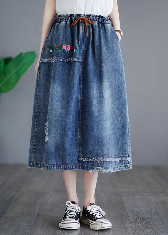 Blue Pocket Patchwork Elastic Waist Cotton Embroidered Skirt Summer