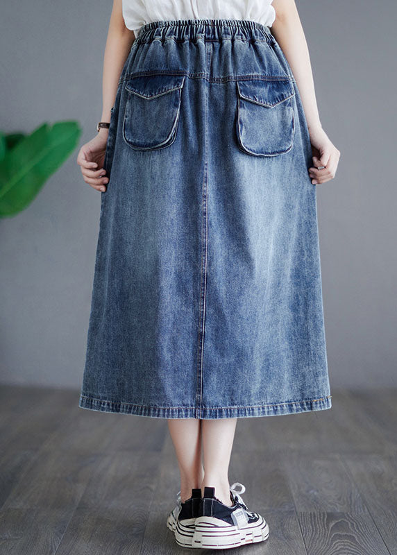 Blue Pocket Patchwork Elastic Waist Cotton Embroidered Skirt Summer