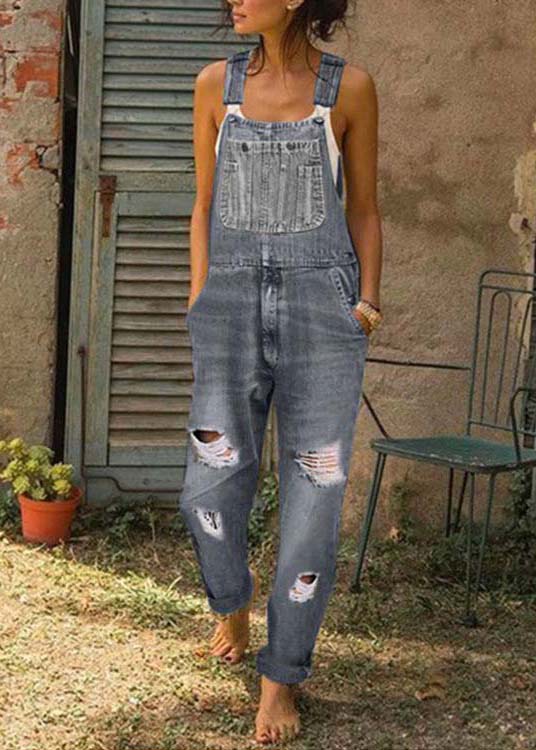 Summer oversized pocket blue ripped denim jumpsuit