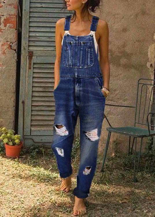 Summer oversized pocket blue ripped denim jumpsuit