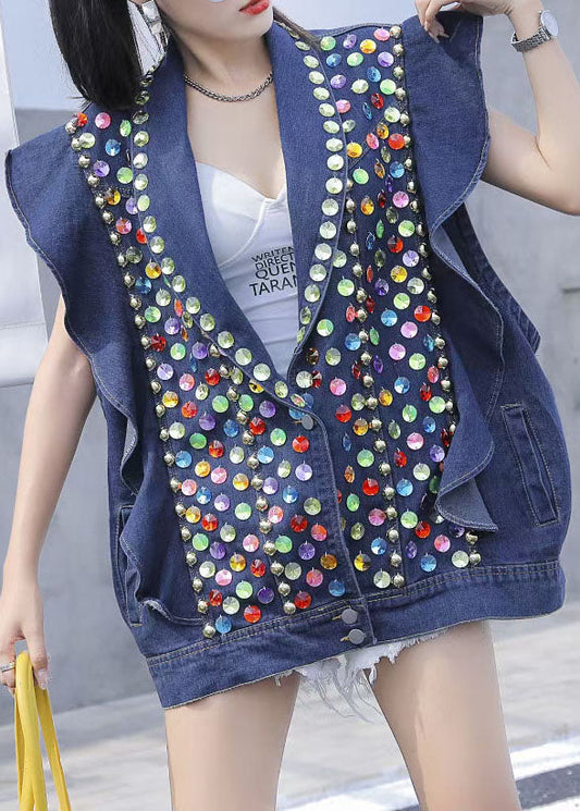 Blue Patchwork Ruffle Nail Bead Sequin Denim Vest Sleeveless