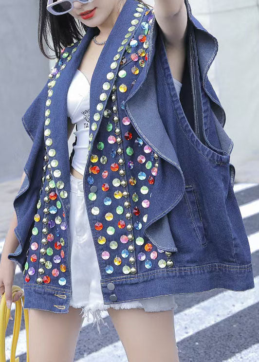 Blue Patchwork Ruffle Nail Bead Sequin Denim Vest Sleeveless