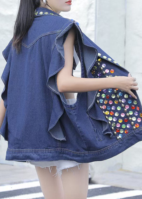 Blue Patchwork Ruffle Nail Bead Sequin Denim Vest Sleeveless