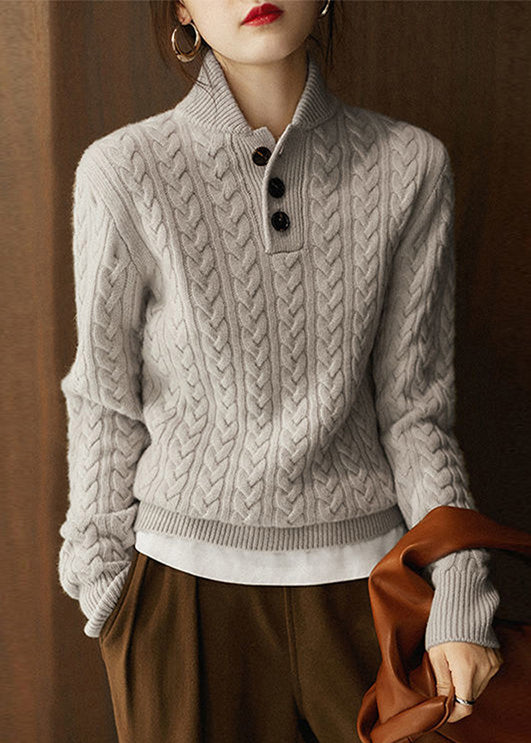 Style Camel Colour Stand Collar Button Thick Knit Sweaters Long Sleeve