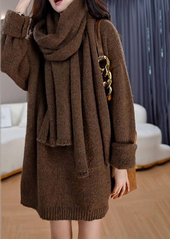 Style Coffee V Neck Oversized Knit Sweater Dress Winter