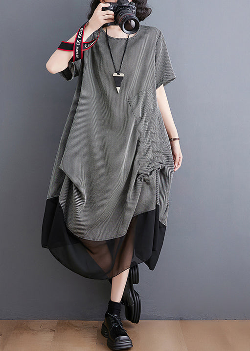 Summer style gray patchwork asymmetric Wrinkled chiffon dress