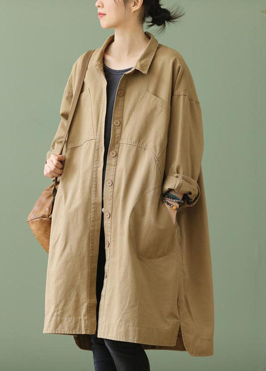 PeterPan Collar Pockets Button Low High Design Autumn Khaki Long Sleeve Trench Coat