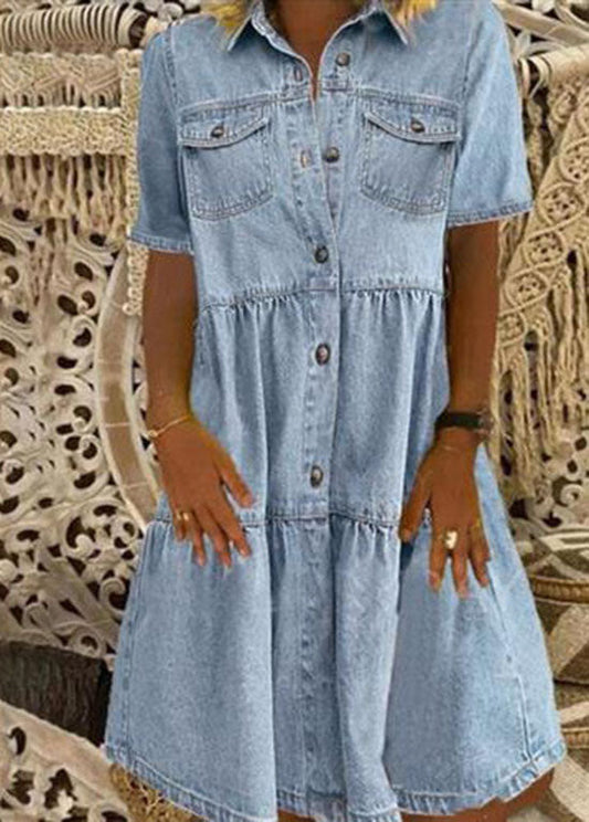 Summer light blue Peter Pan collar wrinkled stitching denim midi dress