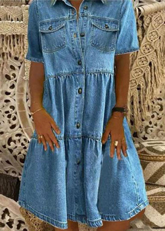 Summer light blue Peter Pan collar wrinkled stitching denim midi dress