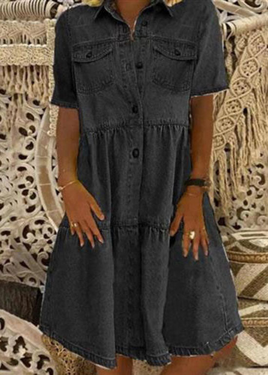 Summer light blue Peter Pan collar wrinkled stitching denim midi dress