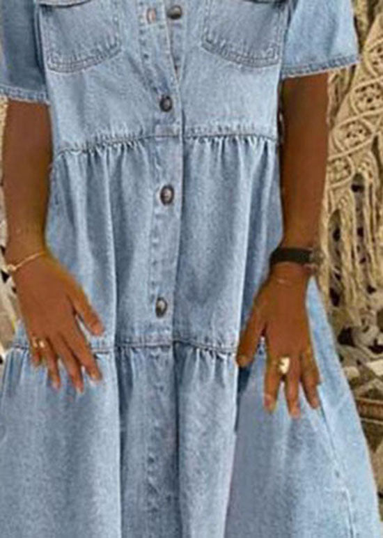 Summer light blue Peter Pan collar wrinkled stitching denim midi dress