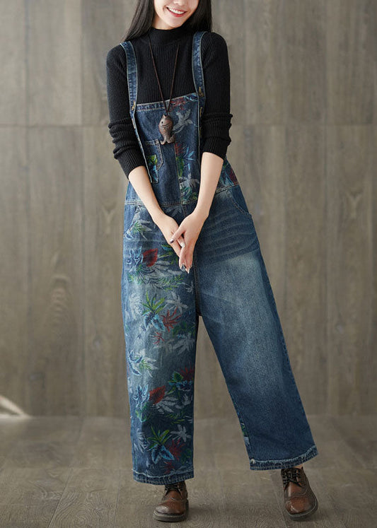 Style Patchwork Print Navy Denim Wide Leg Jumpsuit Spring