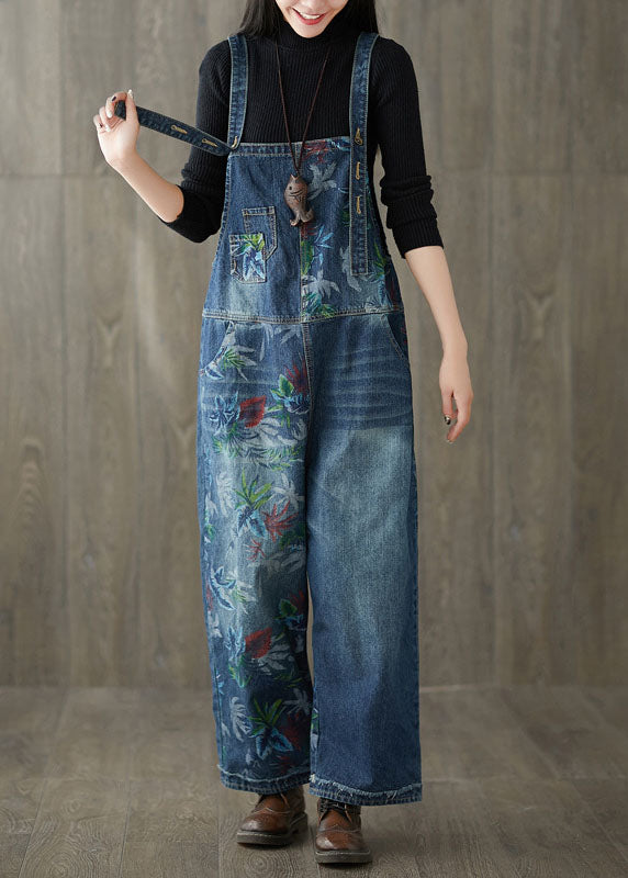 Style Patchwork Print Navy Denim Wide Leg Jumpsuit Spring