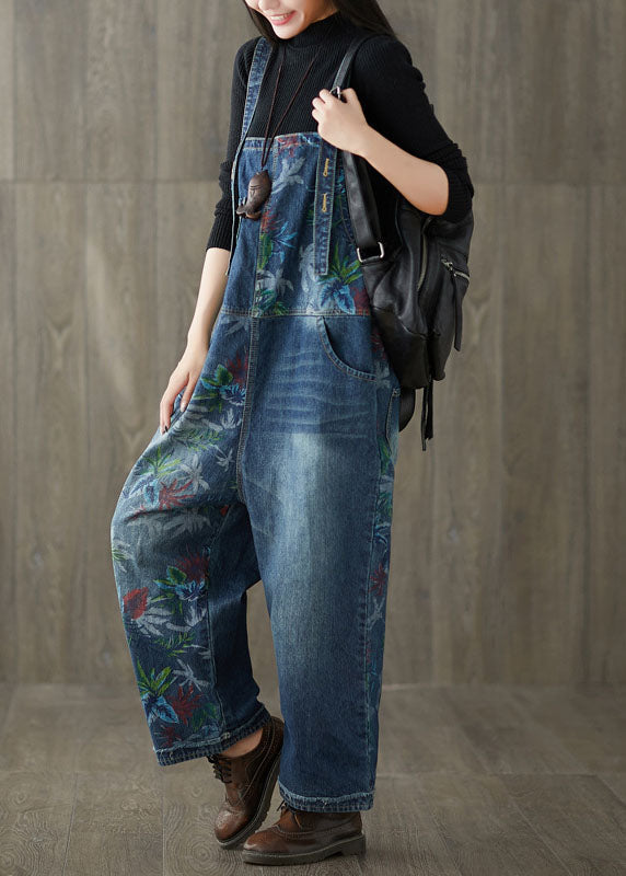 Style Patchwork Print Navy Denim Wide Leg Jumpsuit Spring