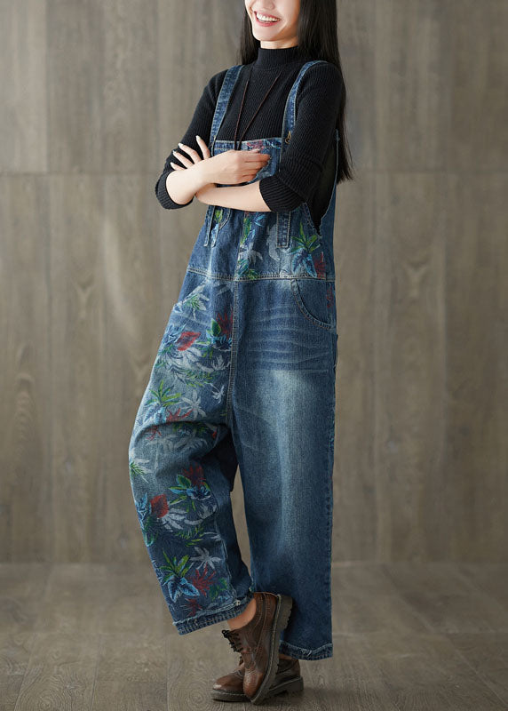 Style Patchwork Print Navy Denim Wide Leg Jumpsuit Spring