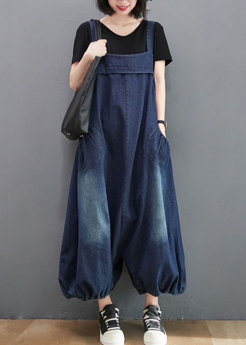 Navy Patchwork Pocket Lantern Denim Summer Jumpsuit