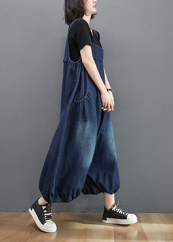 Navy Patchwork Pocket Lantern Denim Summer Jumpsuit