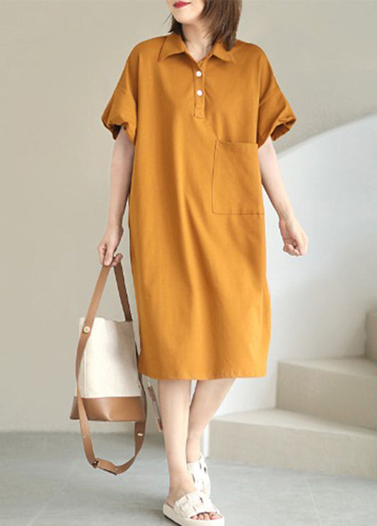 Trendy Style Orange Pocket Peter Pan Collar Cotton Maxi Dress Summer