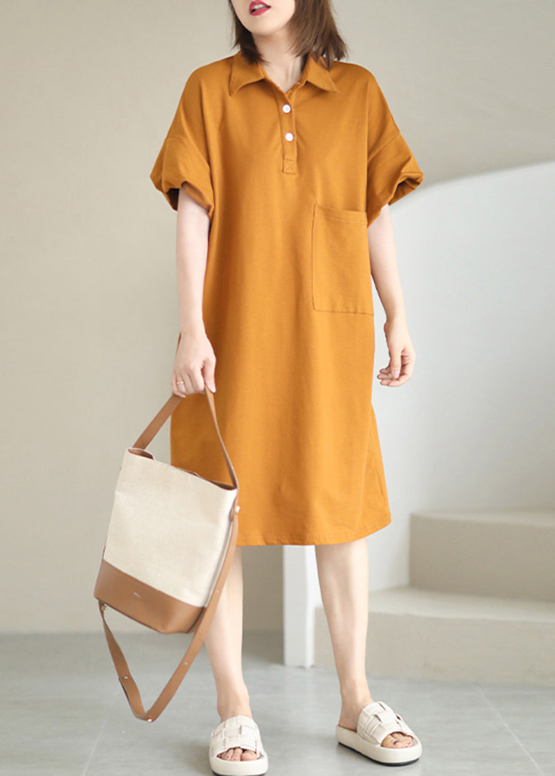 Trendy Style Orange Pocket Peter Pan Collar Cotton Maxi Dress Summer