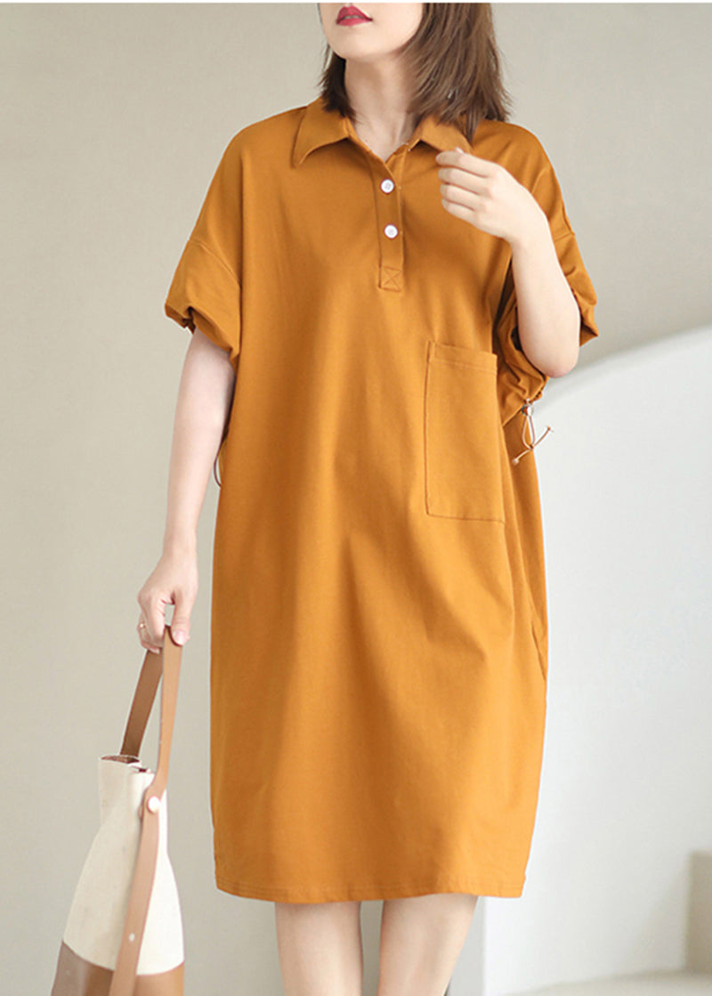 Trendy Style Orange Pocket Peter Pan Collar Cotton Maxi Dress Summer