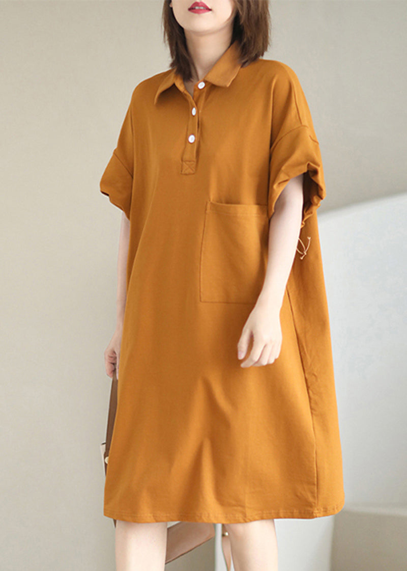 Trendy Style Orange Pocket Peter Pan Collar Cotton Maxi Dress Summer