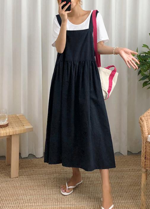 Style Spaghetti Strap Cinched linen cotton clothes For Women Sewing black Dress