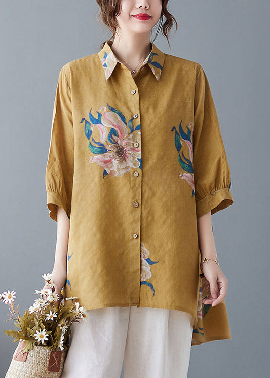 Style Oversized Printed Yellow Cotton Shirt Top Half Sleeves