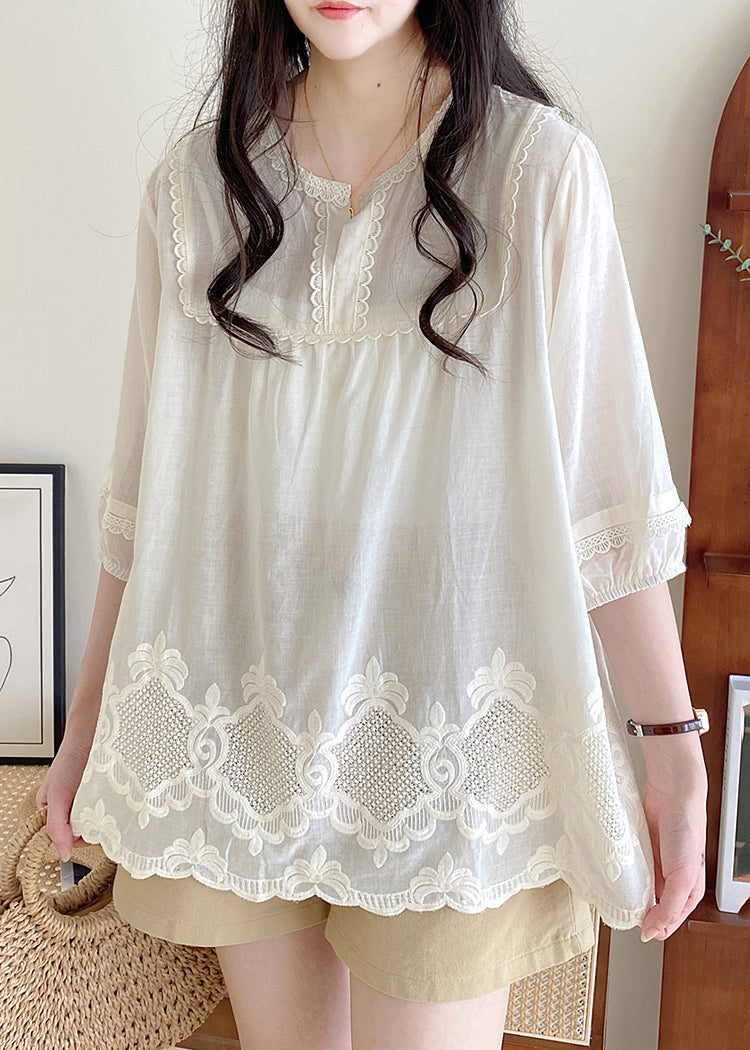 Style Apricot O-Neck Lace Patchwork Hollow Out Shirt Half Sleeve