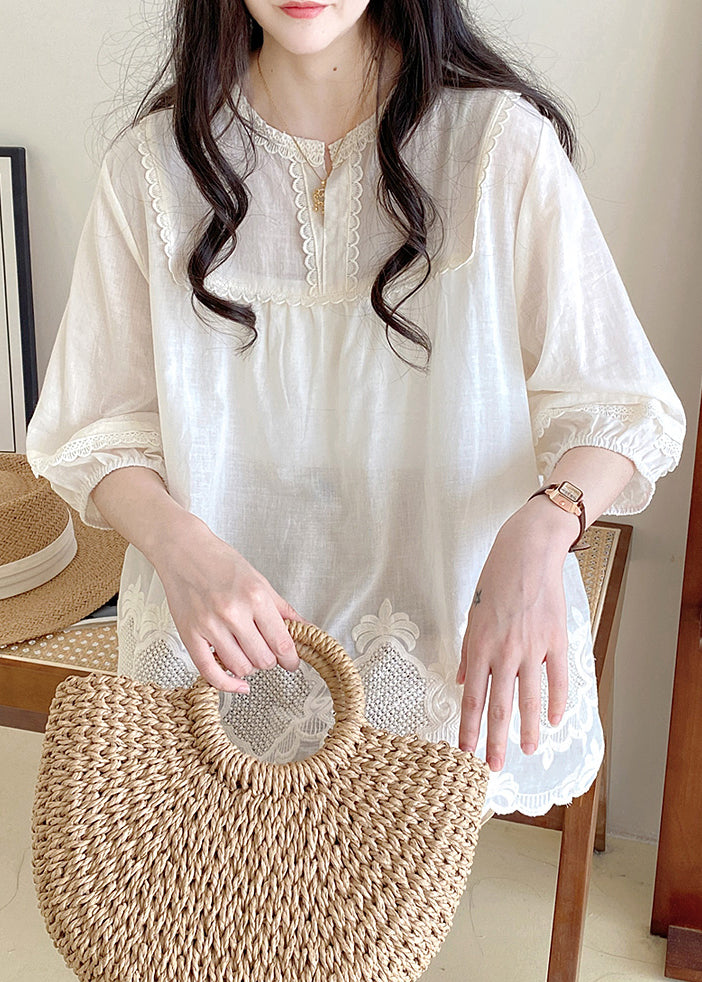 Style Apricot O-Neck Lace Patchwork Hollow Out Shirt Half Sleeve