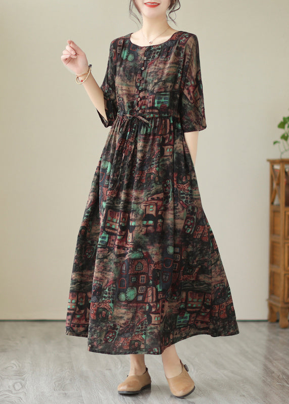 Summer Black Cinched Print Linen Maxi Dress