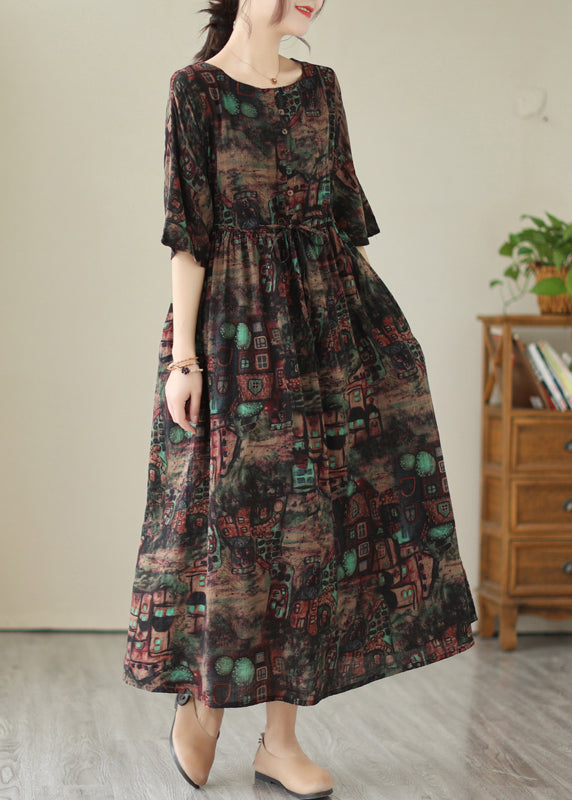 Summer Black Cinched Print Linen Maxi Dress