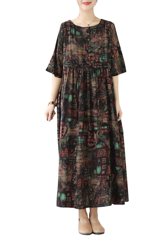 Summer Black Cinched Print Linen Maxi Dress