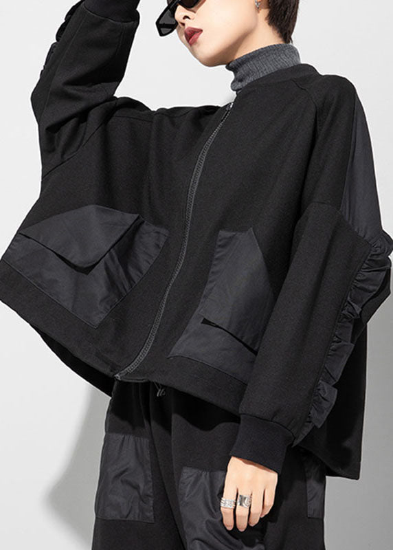 Style Zip Pocket Patchwork Fall Black Coat Long Sleeves