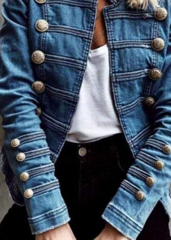 Style Blue Double Breasted Patchwork Slim Denim Coat Spring