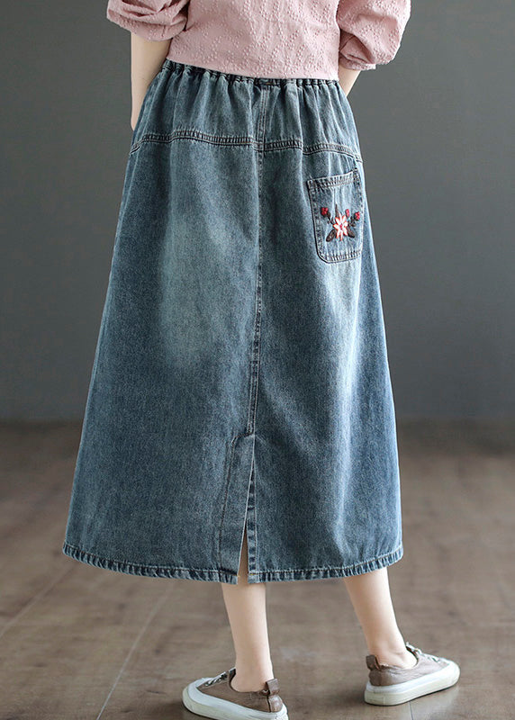 Summer Style Blue Embroidered Patchwork Elastic Waist Denim A-line Skirt