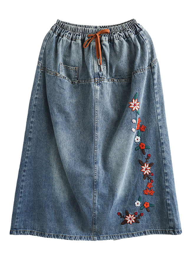 Summer Style Blue Embroidered Patchwork Elastic Waist Denim A-line Skirt